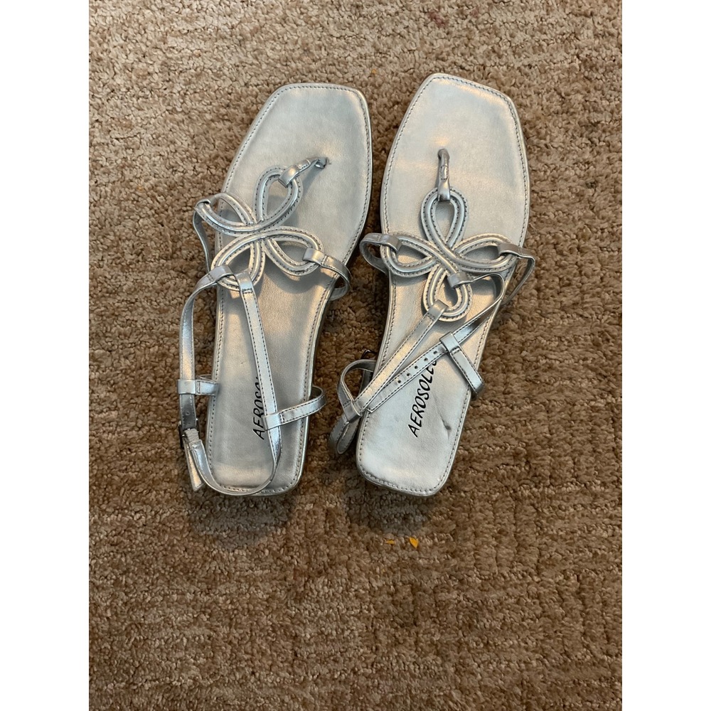 Aerosoles Soulstice Silver Metallic Square Toe Slingback Flat Sandals Womens 7M